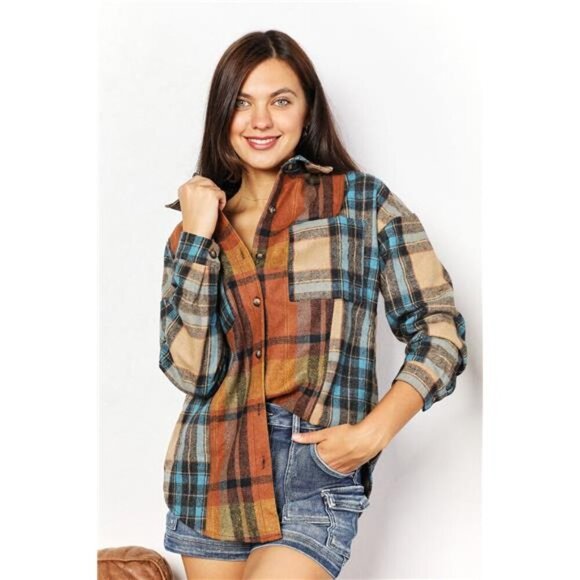 Double Take Plaid Curved Hem Shirt Jacket with Breast Pockets - Picture 3 of 15